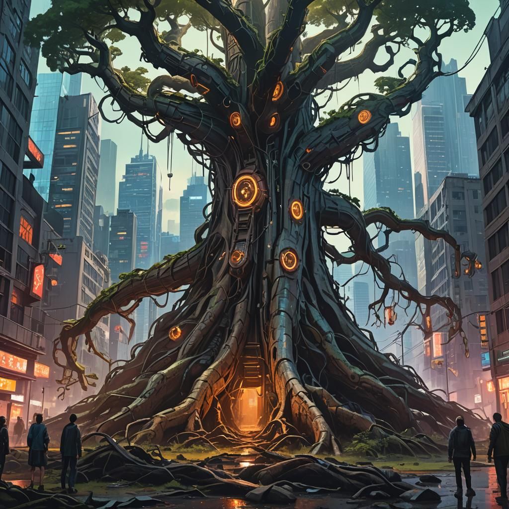 Fantasy Tree Versus Futuristic Skyscraper in Digital Art