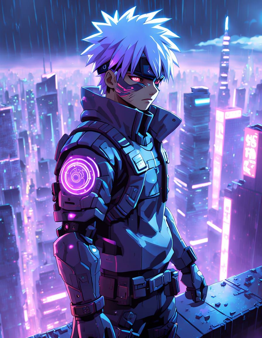 Cyberpunk Kakashi in Neon-Lit Dystopian Cityscape