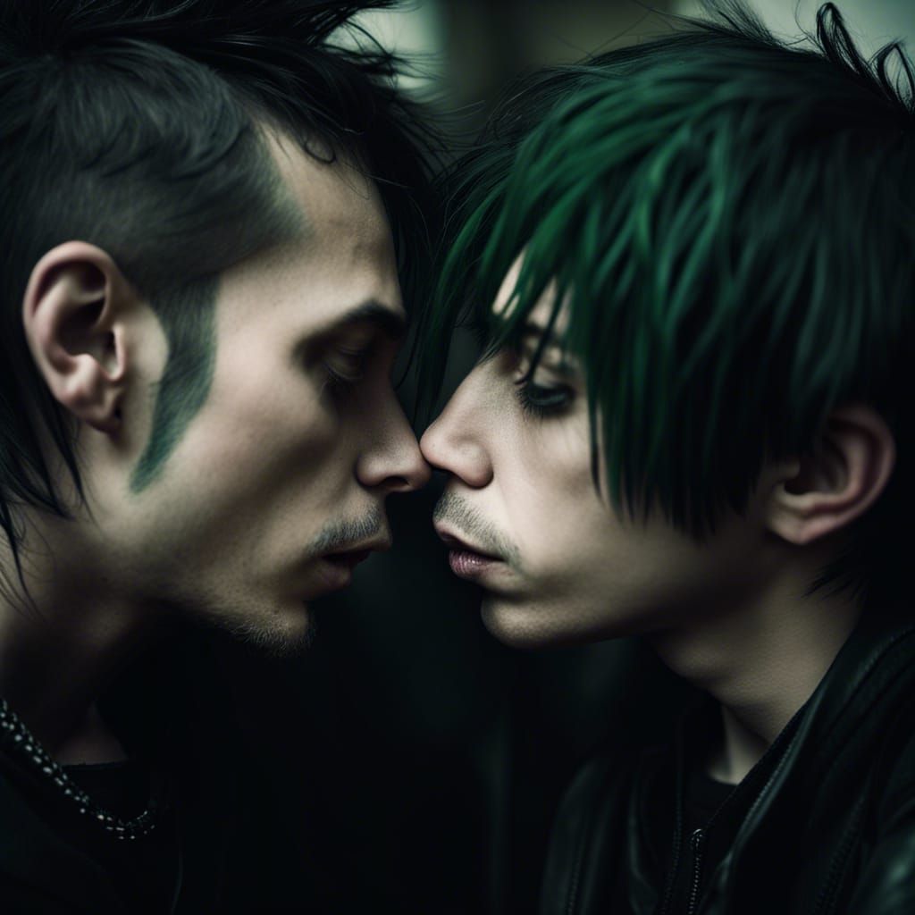 Gothic Men Kissing in Ambient Light