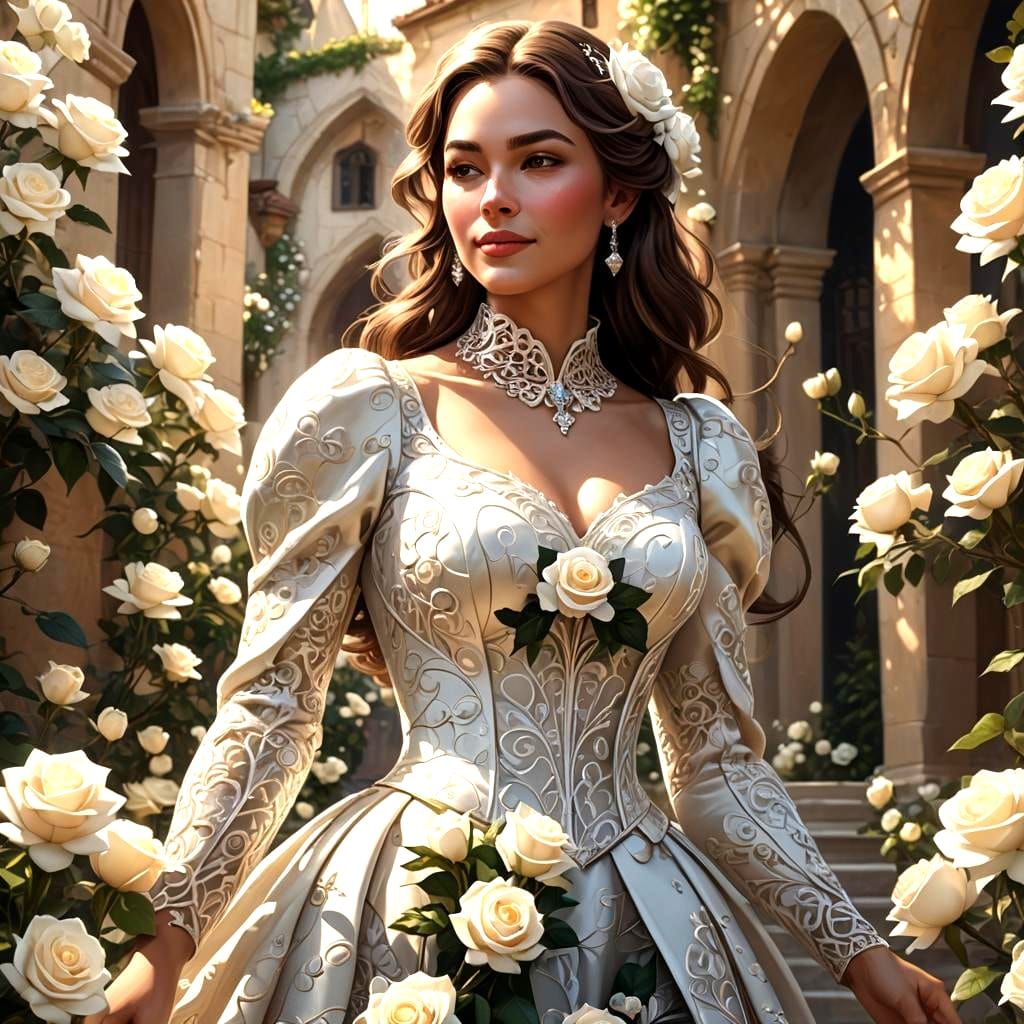 Beautiful Woman Among White Roses in Detailed Matte Painting