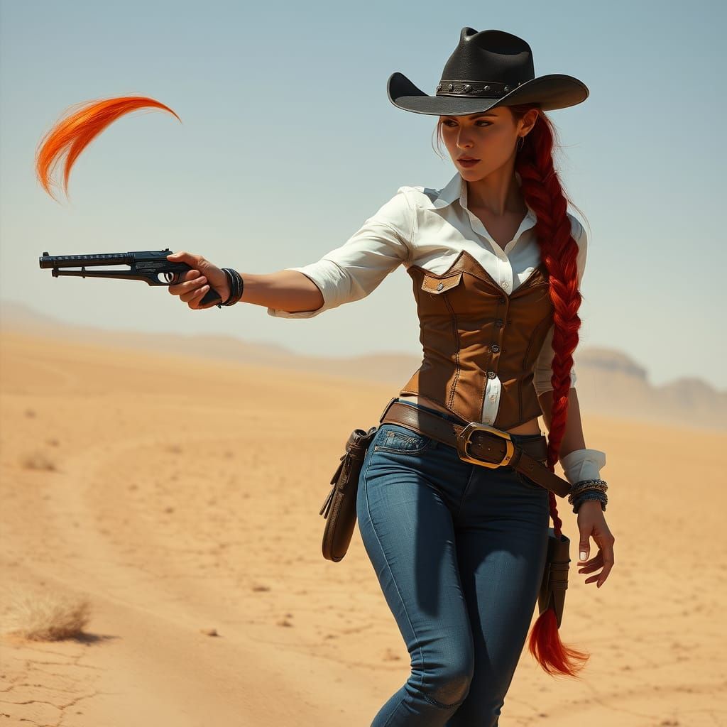 Desert Woman with Red Braid in Futuristic Style