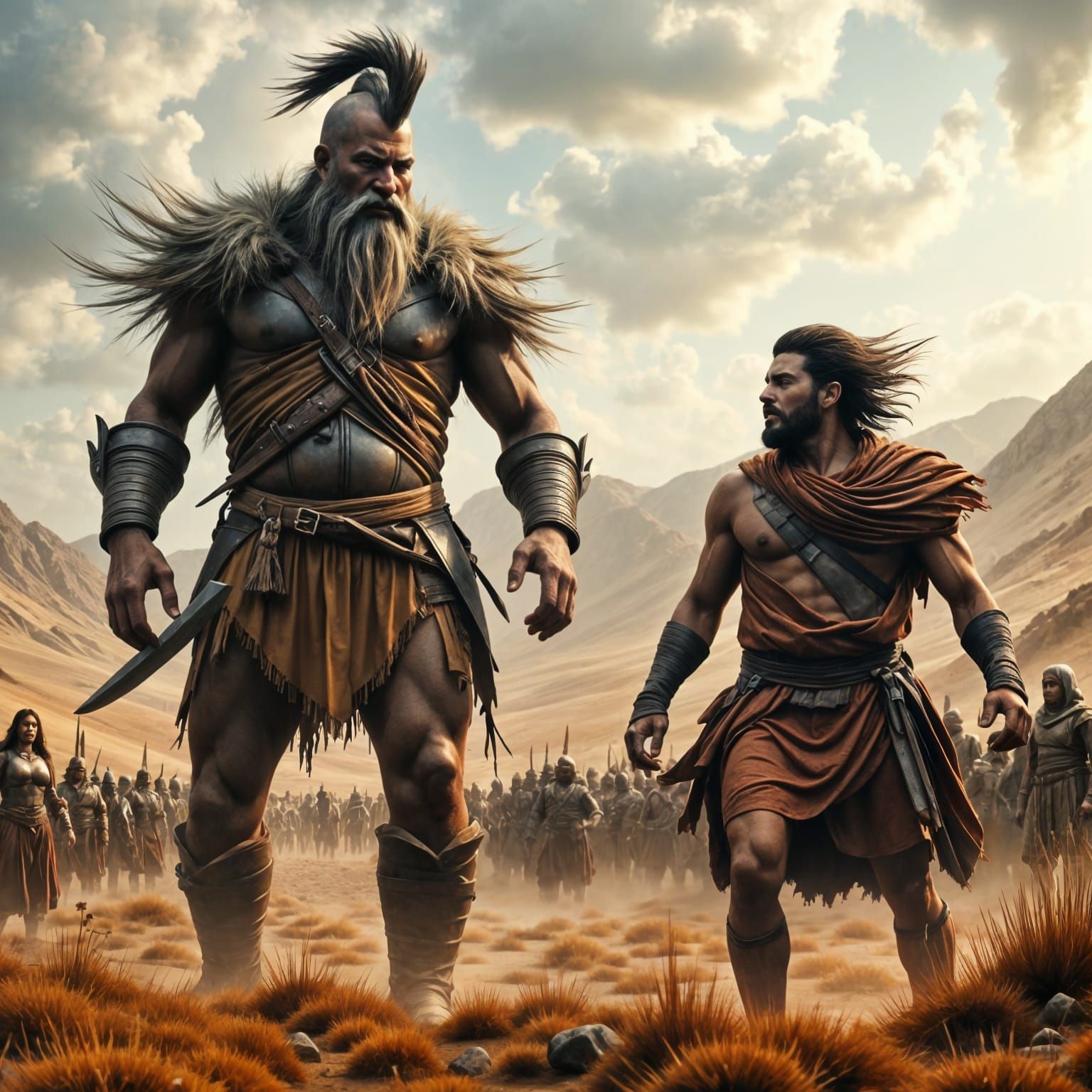 David and Goliath Face Off: Hyperrealistic Desert Battle