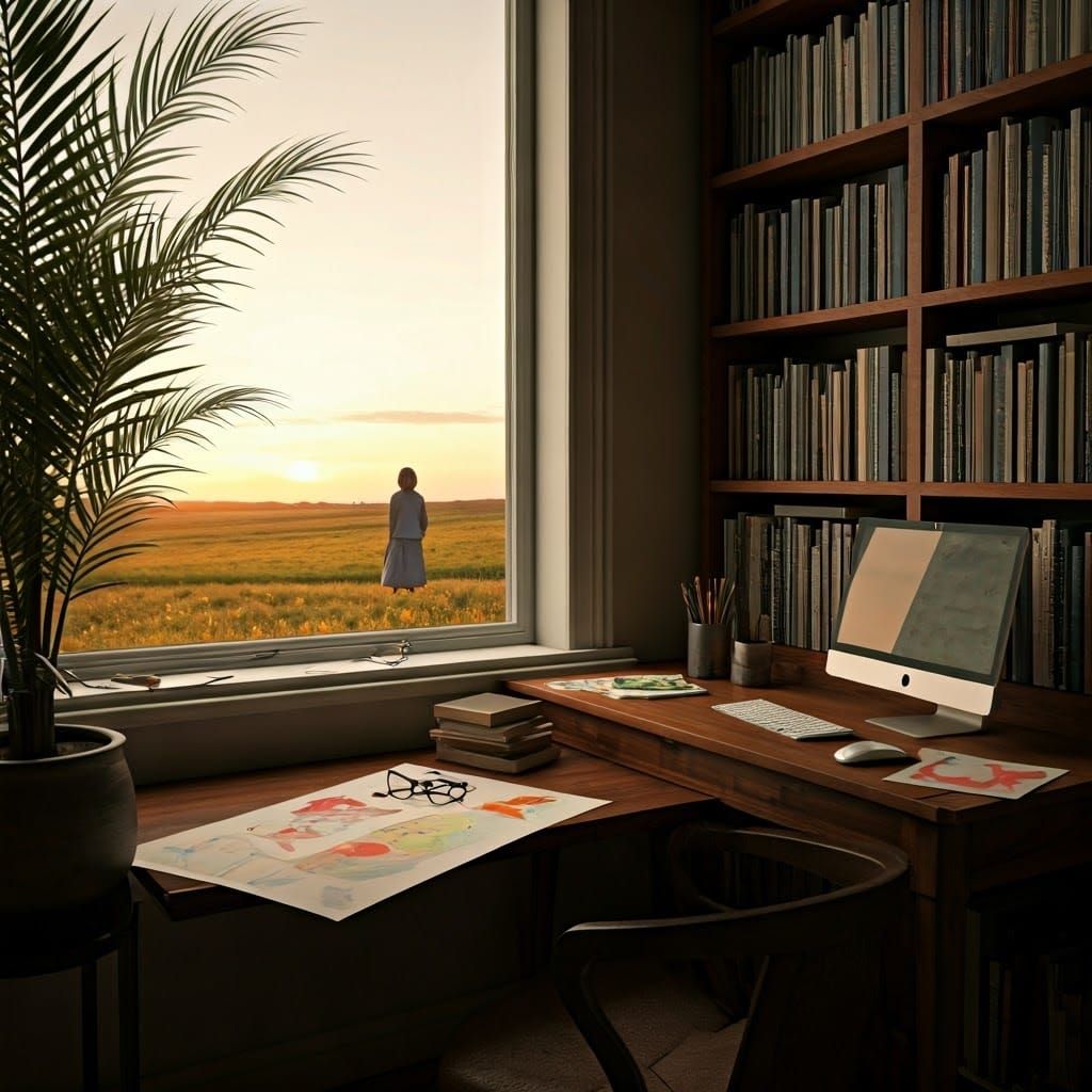 Cozy Study Room with Books and Sunset View