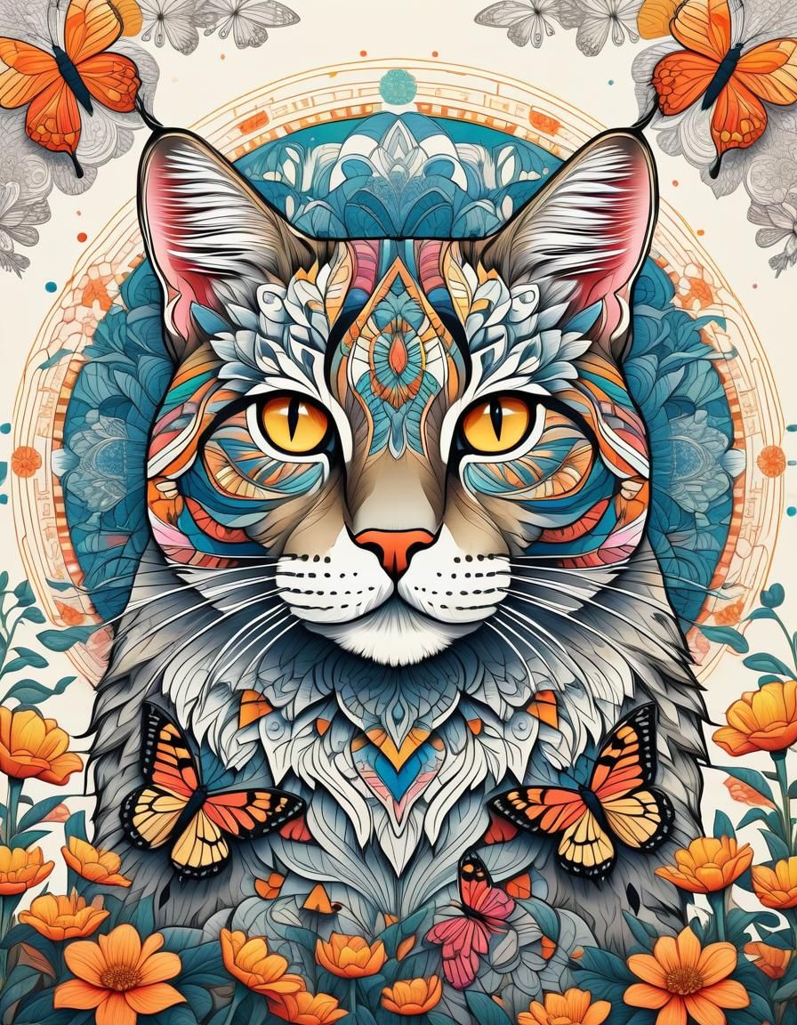 Colorful Mandala Cat in Flower Garden Illustration