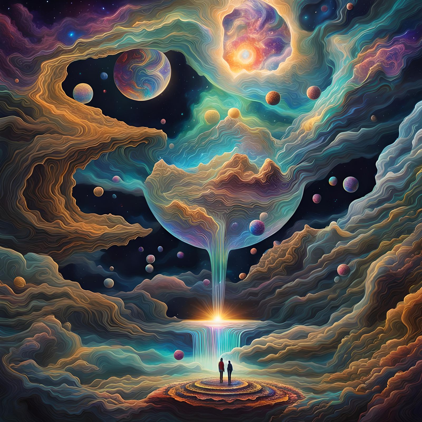 Holographic Cosmic Life Illustration in Mixed Media