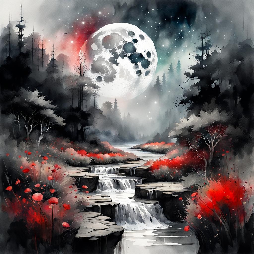 Lush Moonlit Landscape in Watercolor Style