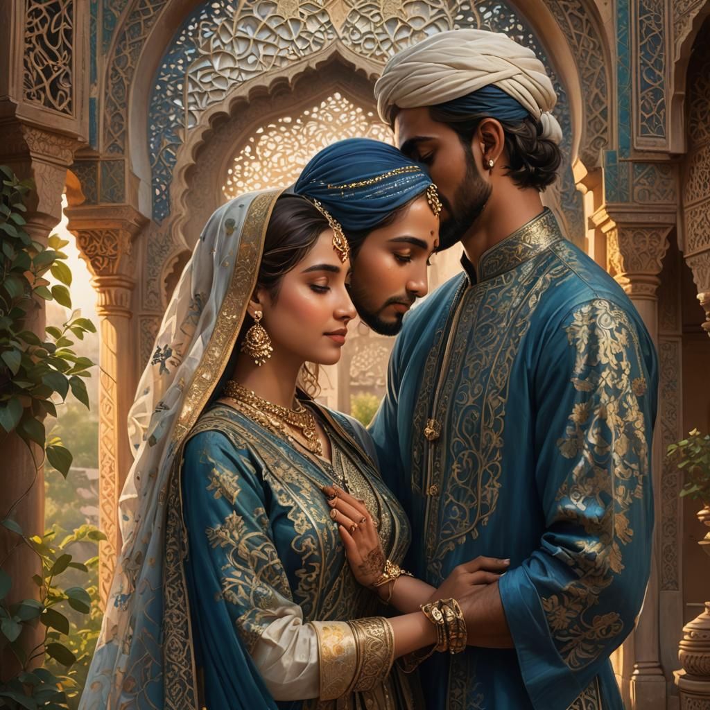 Muslim Lovers in Mughal Garden: Fantasy Art