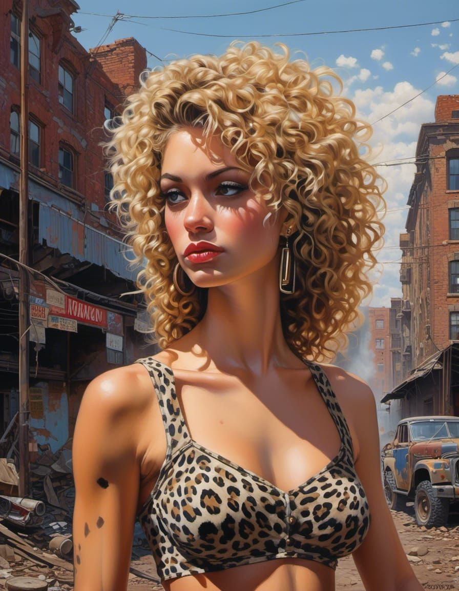 Transgender Woman in Devastated City: Acrylic Painting