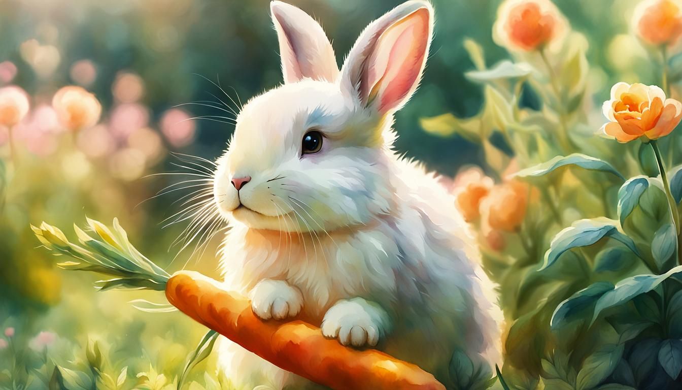 Watercolor Bunny in a Sunny Garden