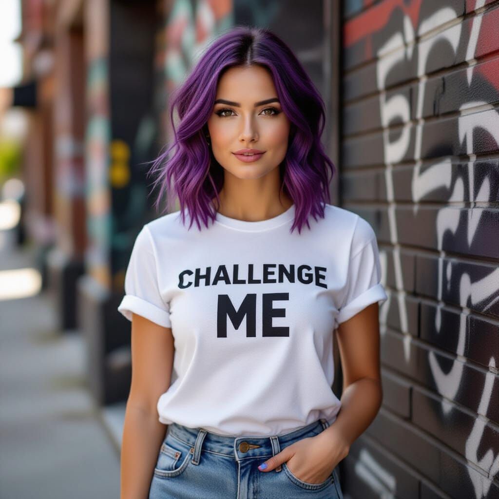 Woman with Purple Bob Hairstyle Poses in White Tee