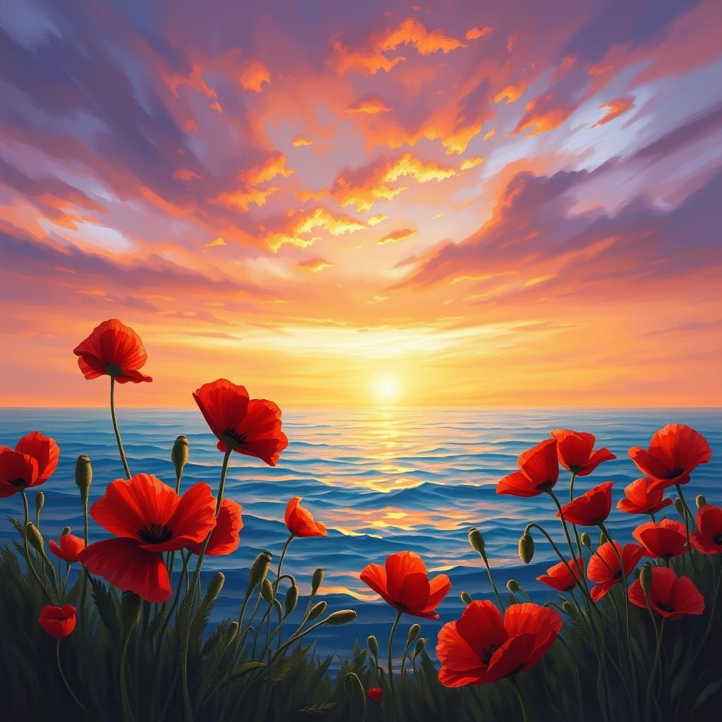 Poppies on the Sea at Sunset, Impressionistic Oil Painting