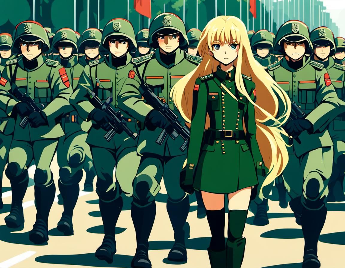 Anime Woman Soldier in Military Parade