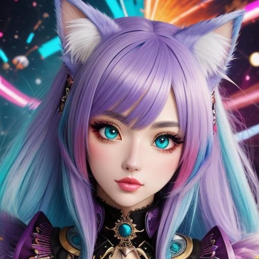 Dieselpunk Anime Girl with Cat Ears and Heterochromia