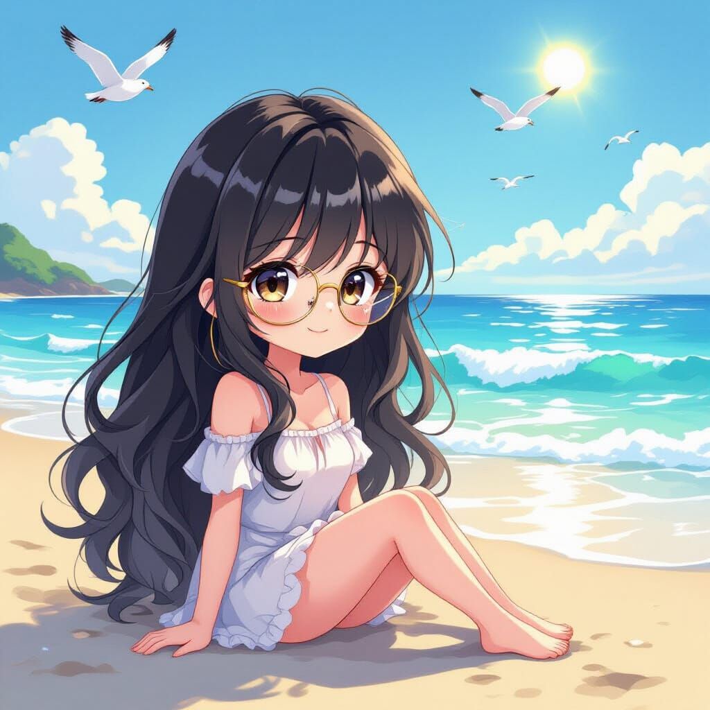 Chibi Anime Girl on Serene Beach