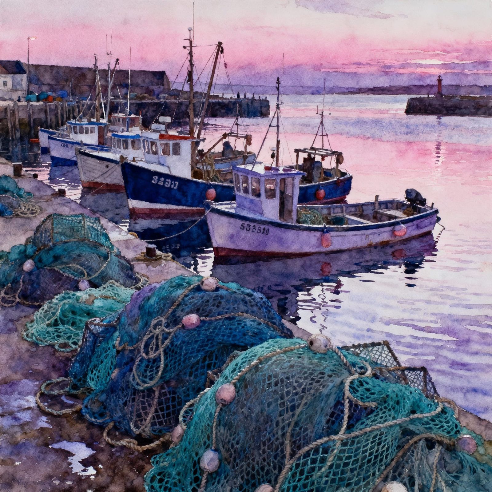 Dreamy Dusk Fishing Harbour Scene in Vibrant Colors
