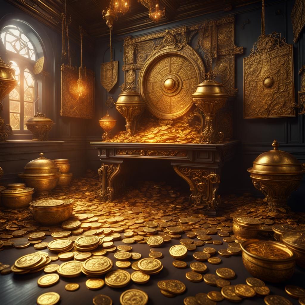 Fantastical Treasure Room with Gold Coins, Detailed Painting