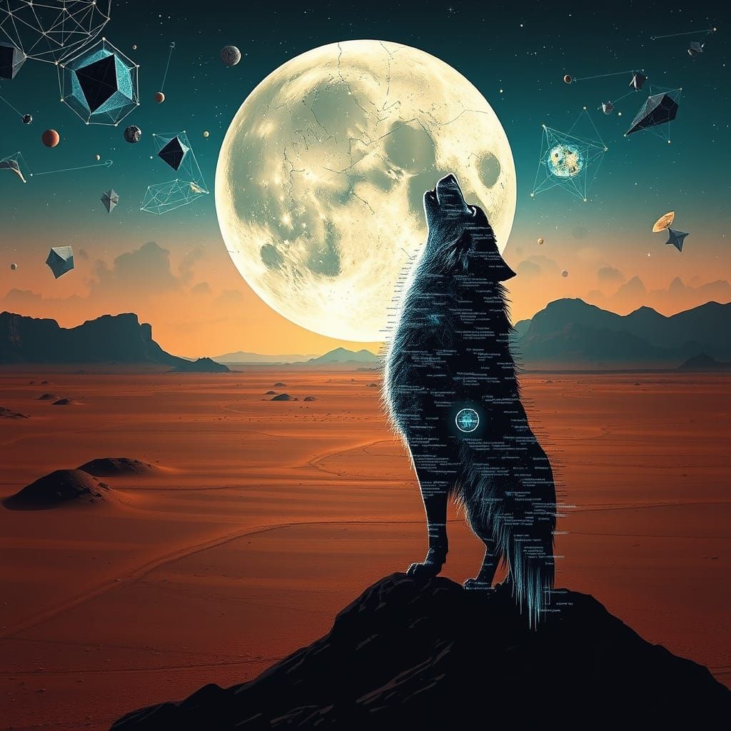 Lone Wolf Howling at a Fractured Moon in Glitch Art