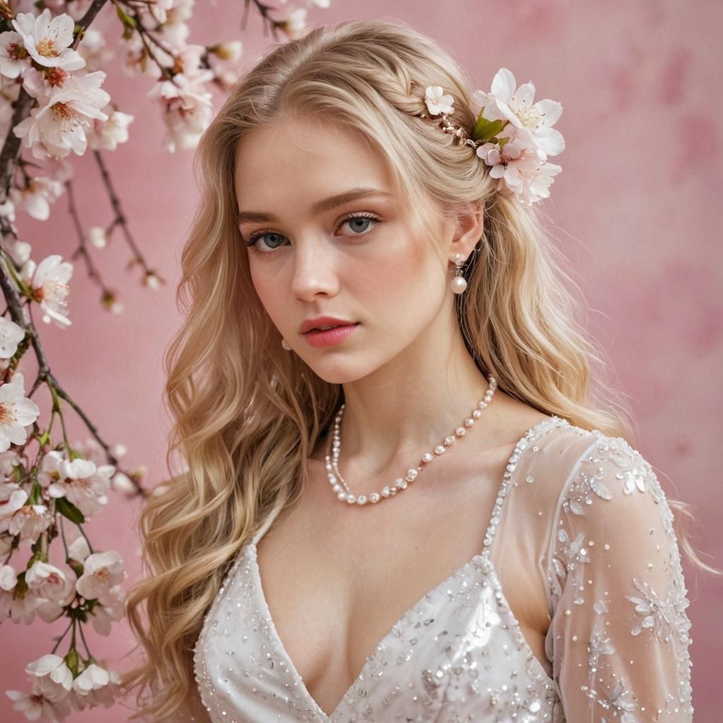 Beautiful Blonde in Regency Dress with Cherry Blossoms