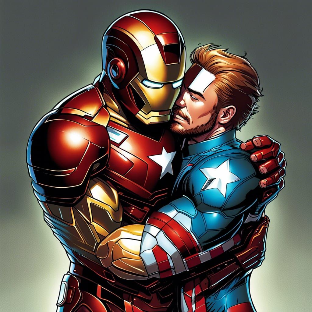 Iron Man and Captain America Hugging in Comic Style