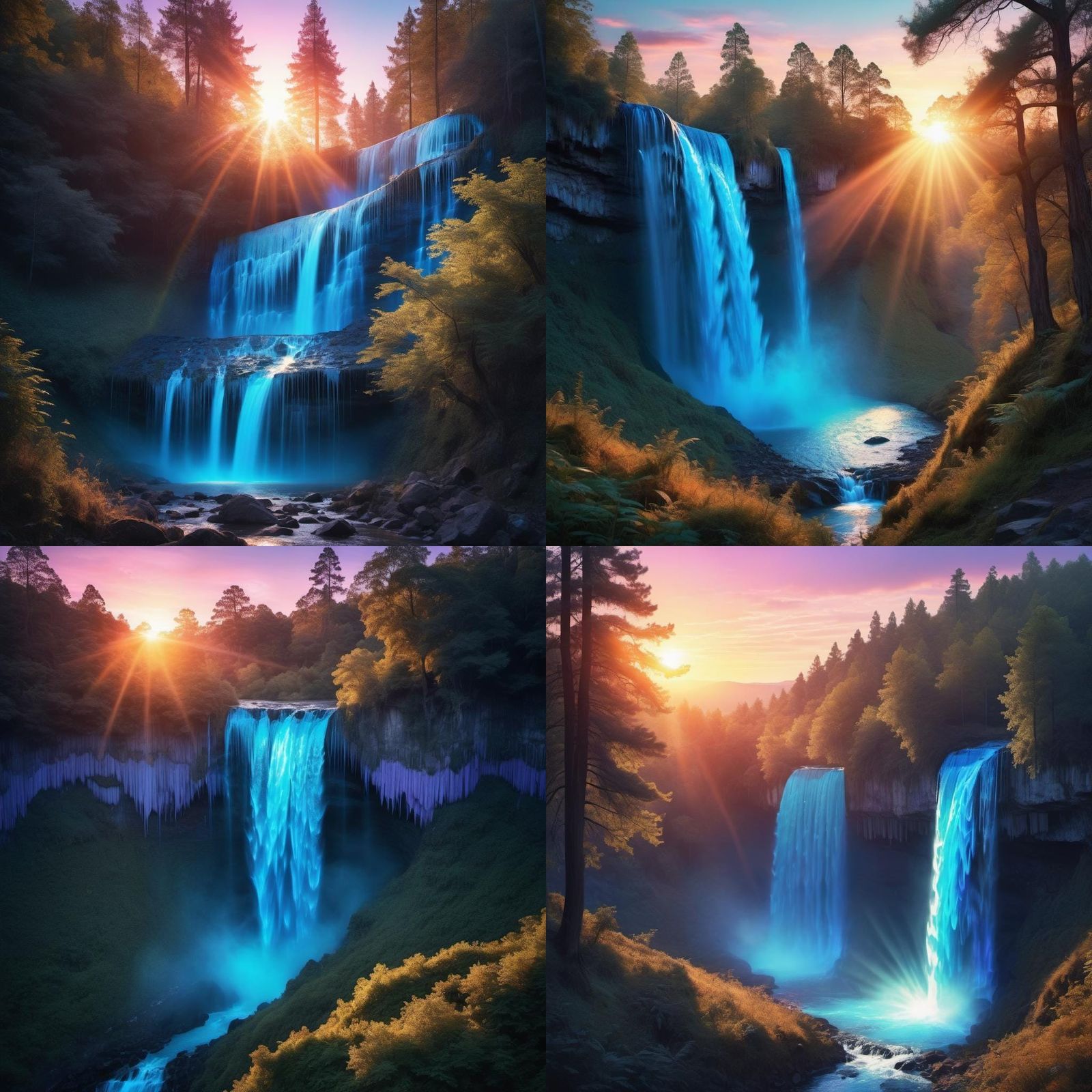 a glowing landscape with a sunset in the background.glowing blue waterfall, exremely detailed forest beautiful landscape...