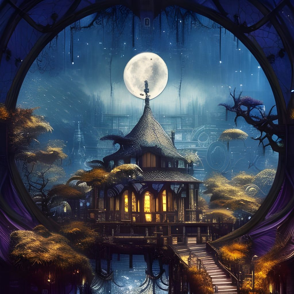 Clockpunk Bonsai Village under Moonlit Sky