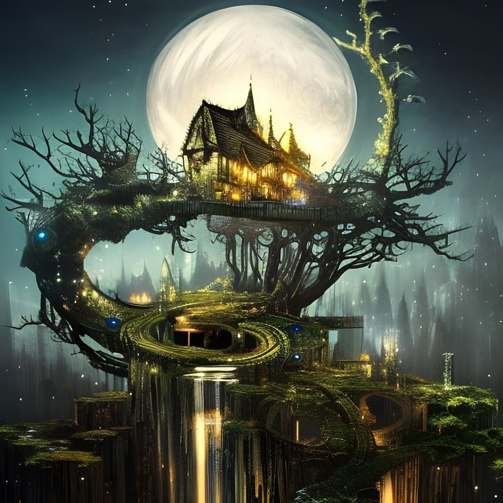 Clockpunk Bonsai Village Under Starry Sky