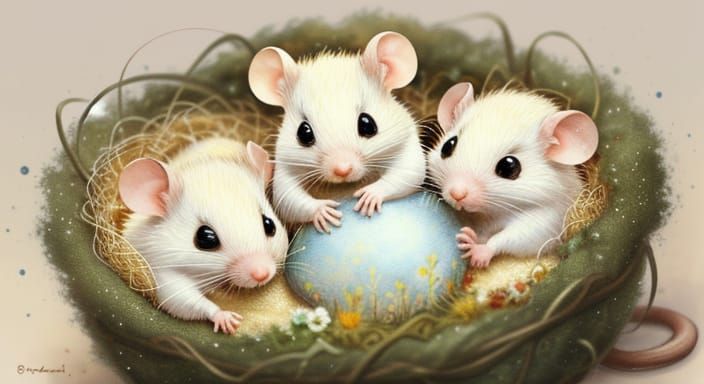 Baby Mice Holding a White Ball