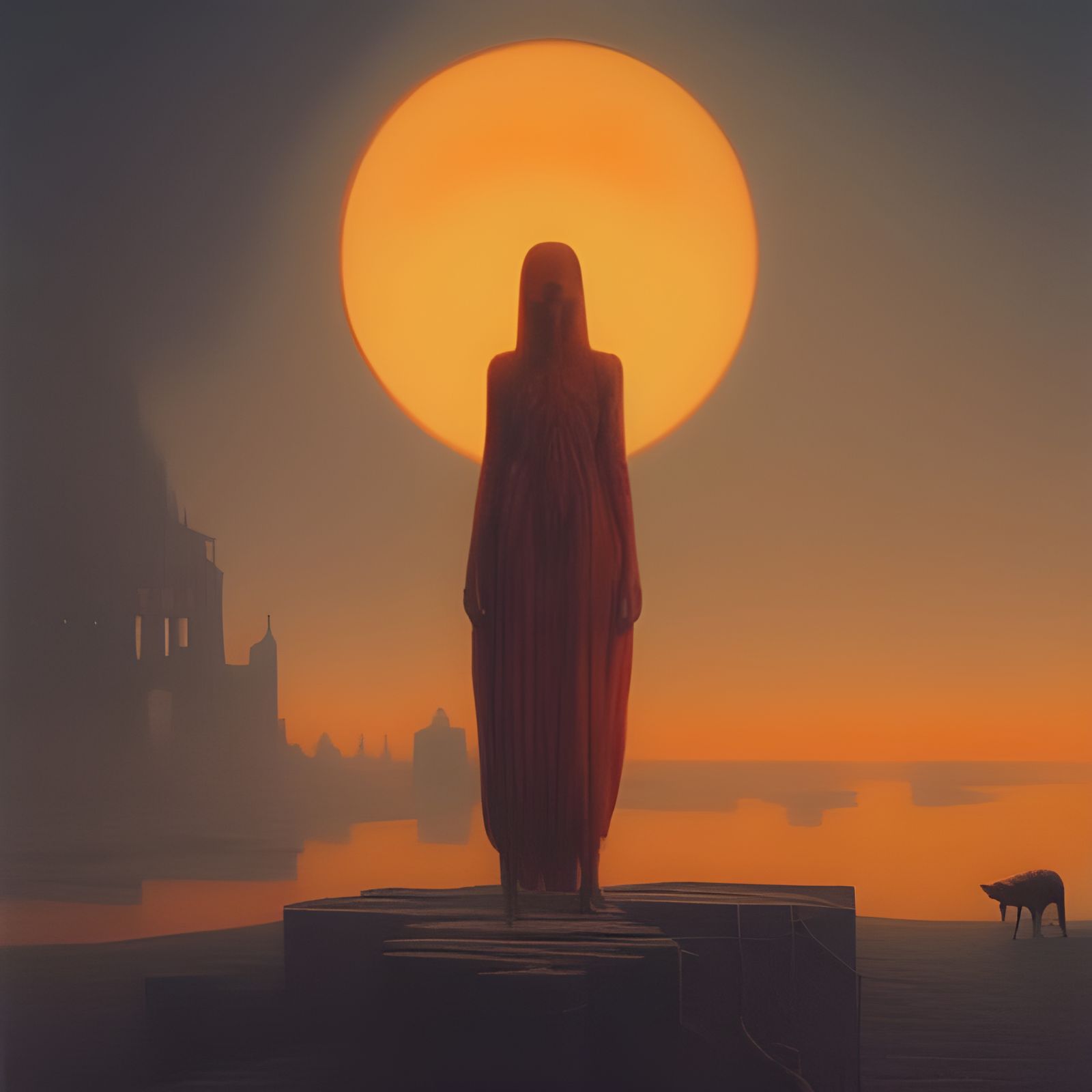 Woman, Wolf, and Alien City in Beksinski Style