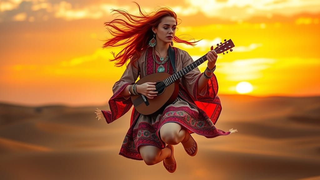 Ethereal Desert Bouzouki Player in Vibrant Tunic and Embroid...