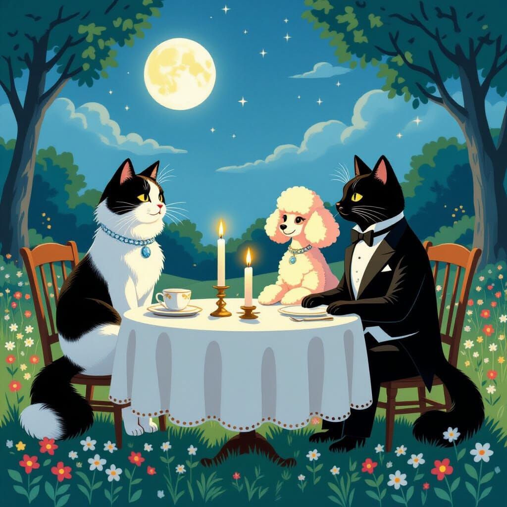 Romantic Dinner with Cat and Dog in Meadow