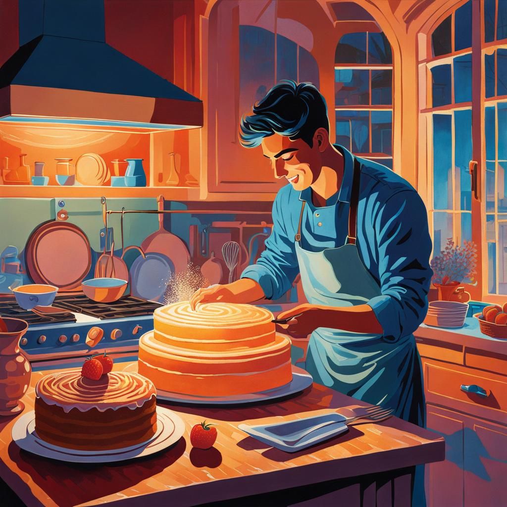 Man Baking Cake in Cosy Kitchen: Acrylic Painting