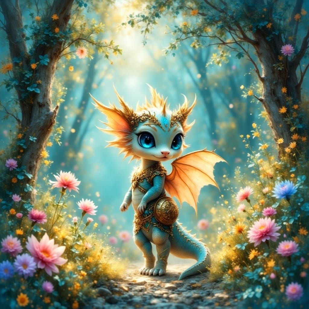 Chibi Dragon in Whimsical Enchanted Forest