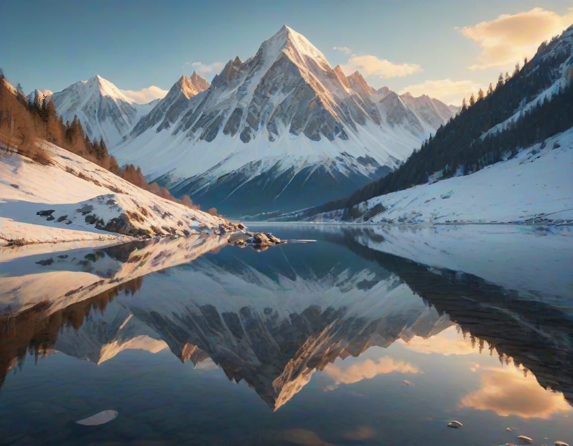 Serene Snow-Capped Mountain with Frozen Lake and Reflective ...