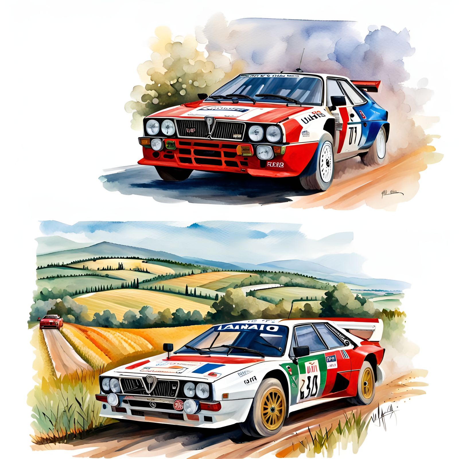 Lancia Racing in Italian Countryside: Impressionist Gouache