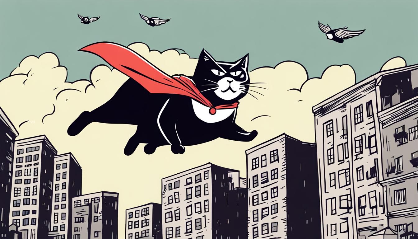 Superhero Fat Cat Flying Over City