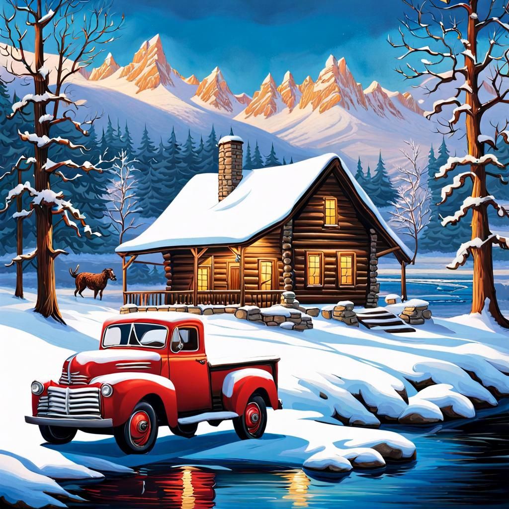 Winter Countryside Scene with River and Cabin