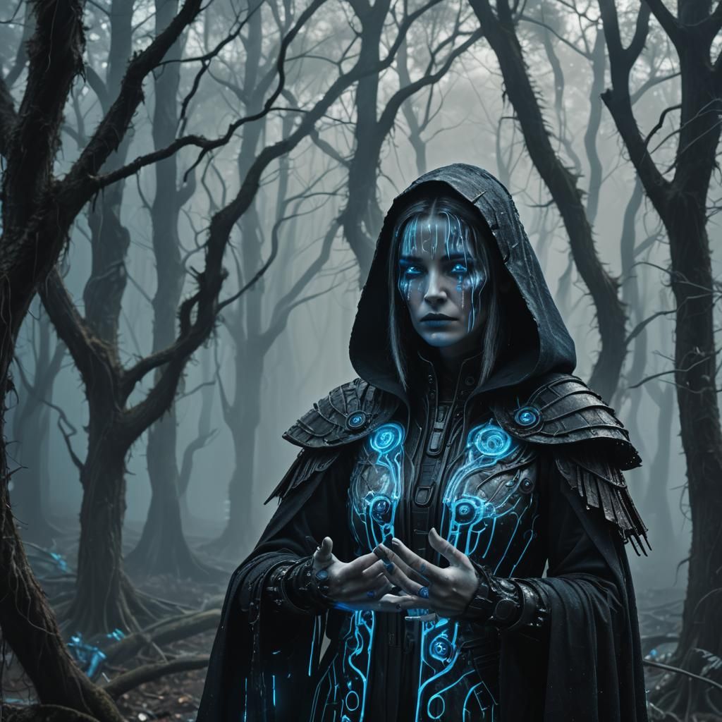 Cyberpunk Witch in Misty Forest: Biomechanical Fusion