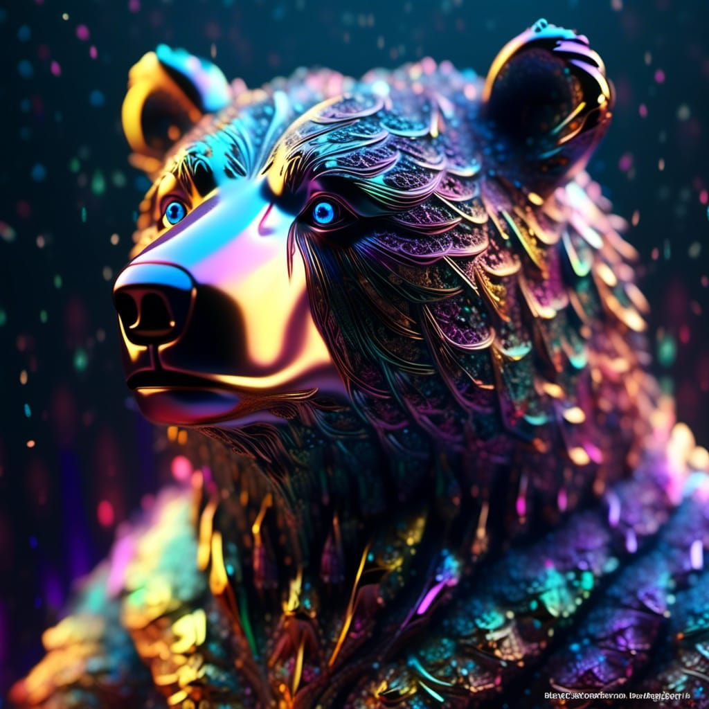 Fractal Bear with Rainbow Mist, Hyperrealistic Detailed Art