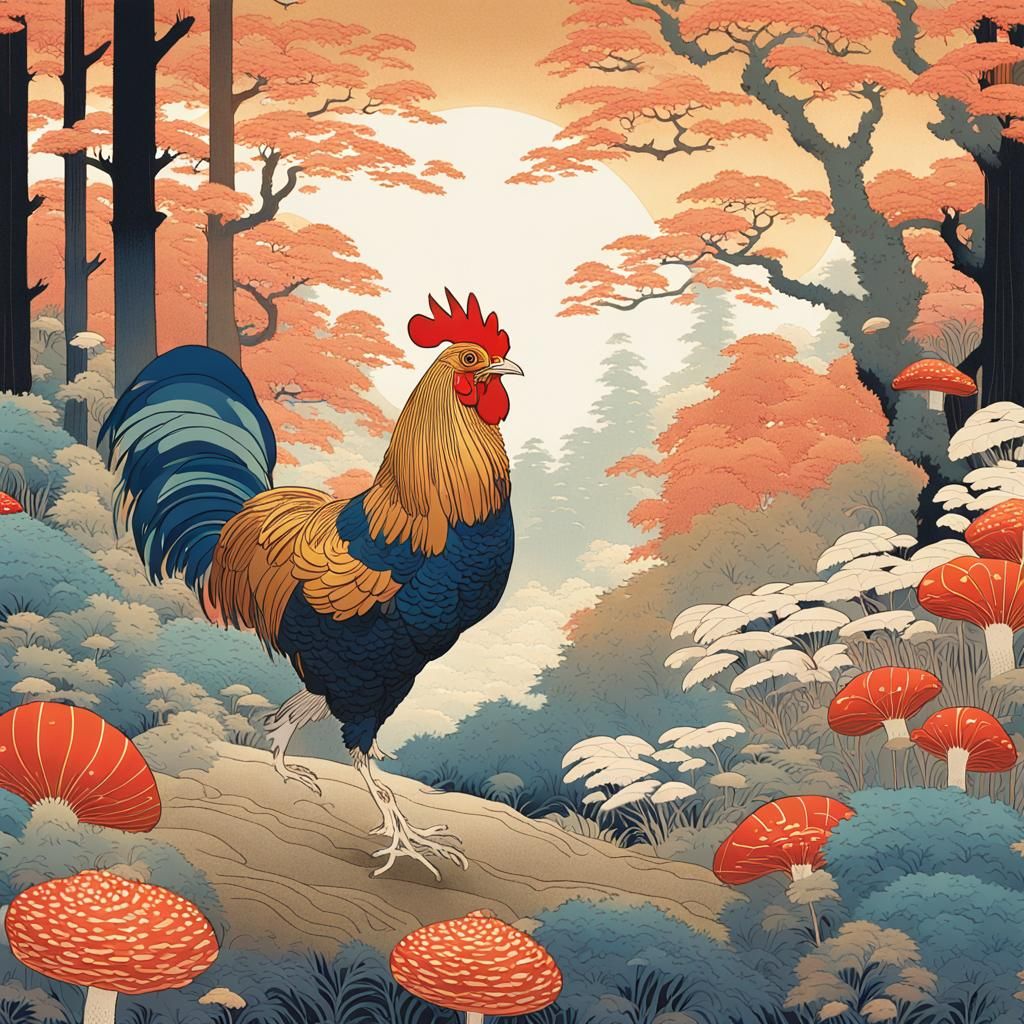Chicken in Forest, Ukiyo-e Style Woodblock Print