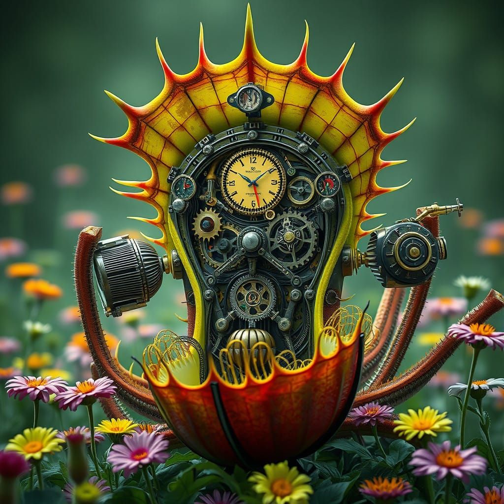 Ferocious Mechanical Venus Flytrap in Cyberpunk Style