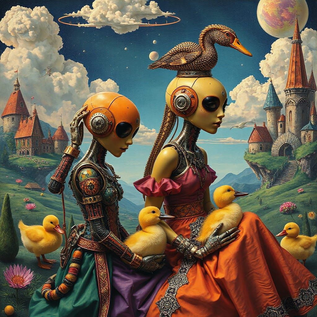 Cosmic Androids Dream in Surreal Landscape