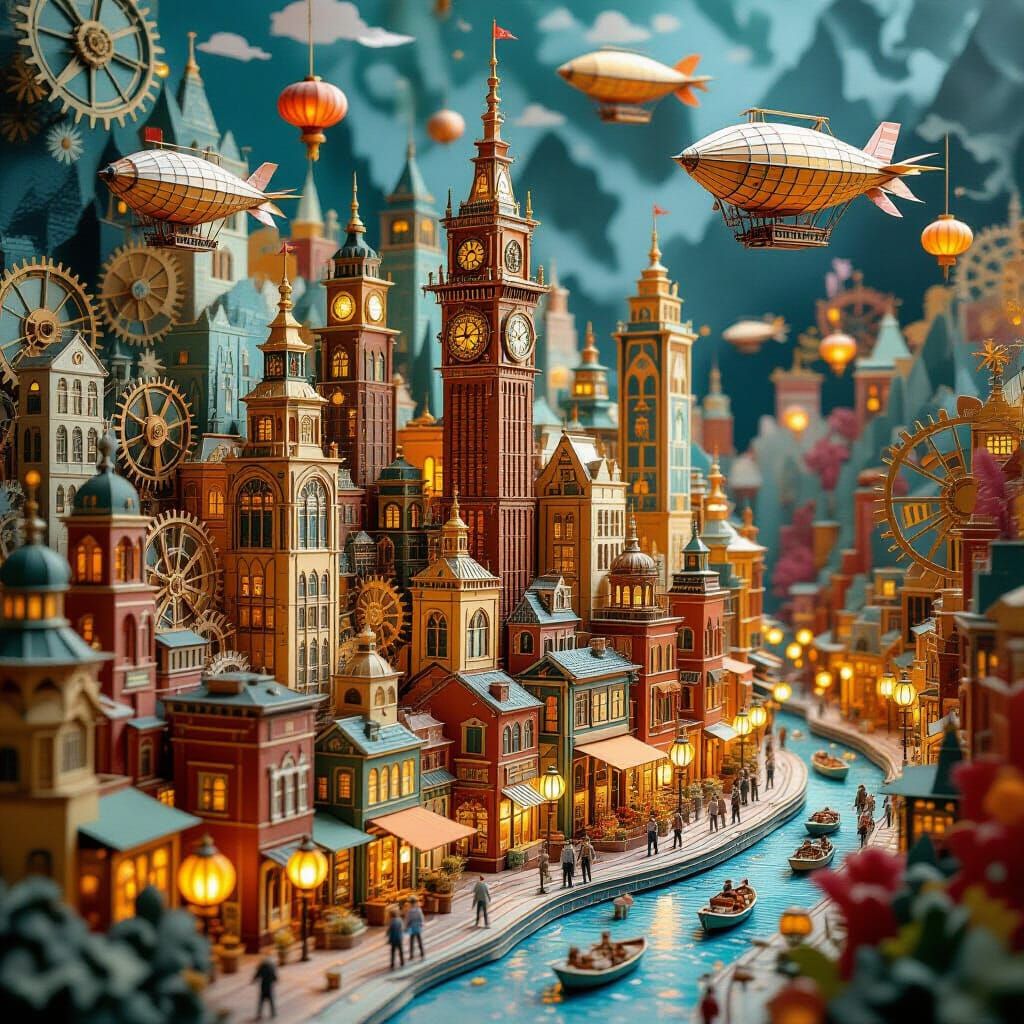 Steampunk City Diorama Crafted from Intricate Paper Art