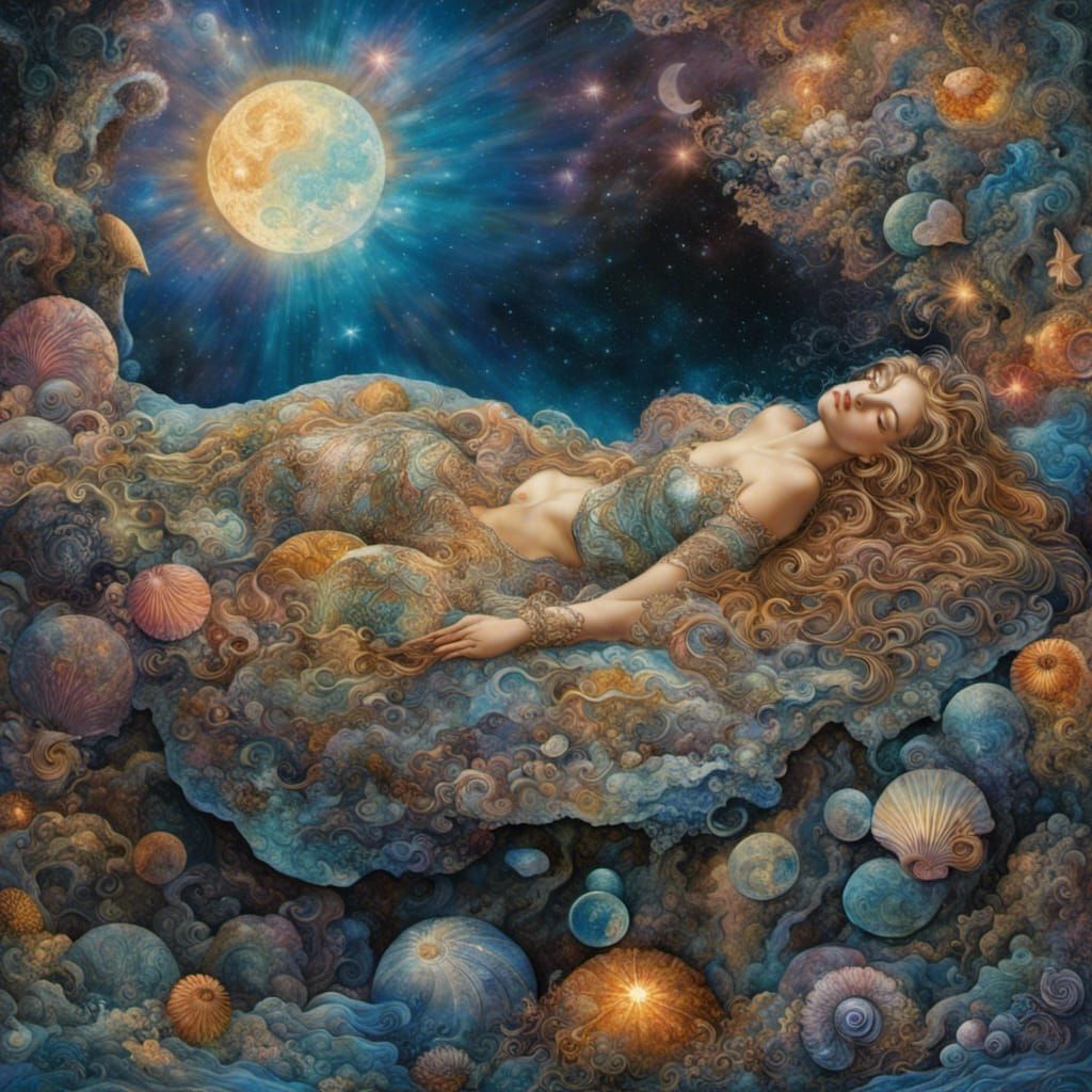 Marble Mermaid Dreamscape in Serigraphy Style