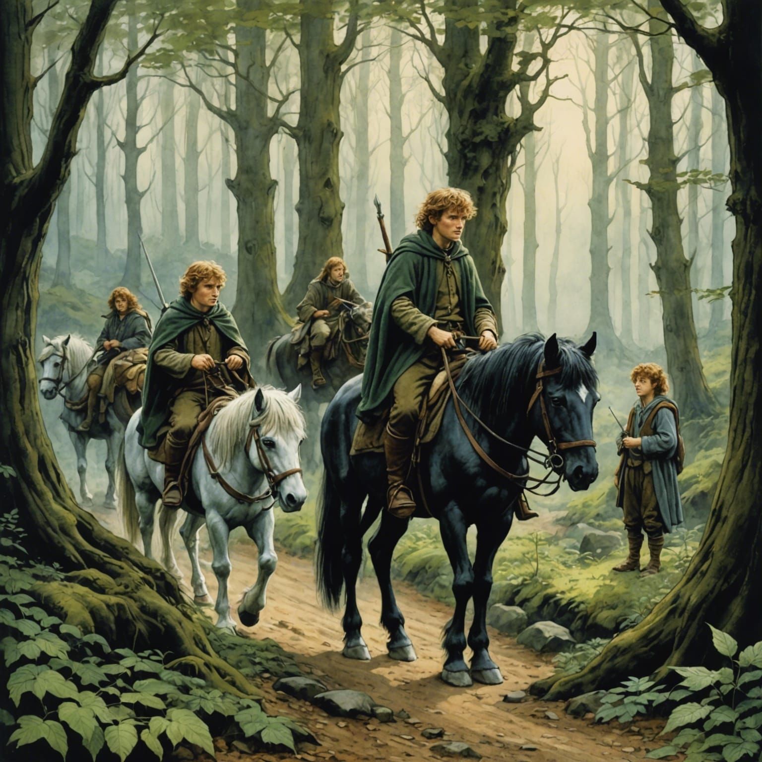 Hobbits Journey Through Forest in Fantasy Illustration