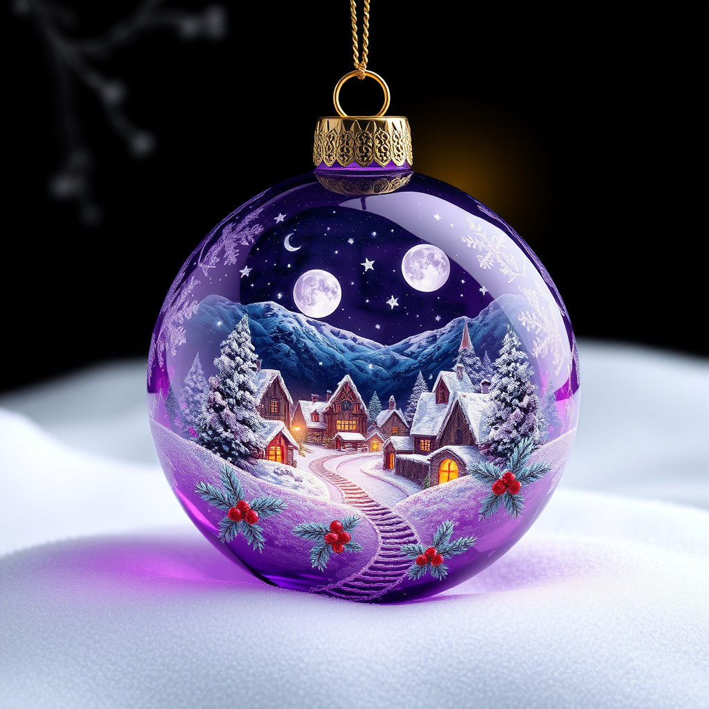 Bejeweled Purple Ornament with Winter Town Scene