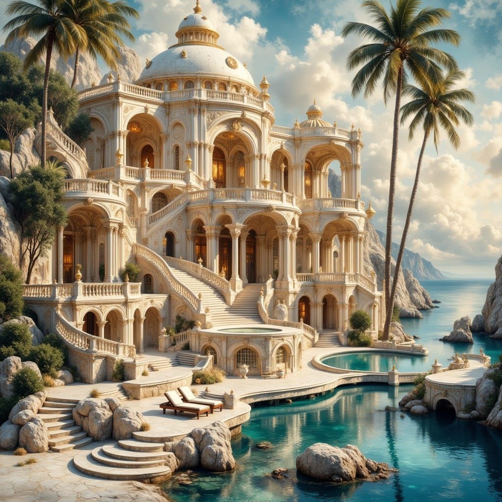 Romantic Shell Beach House at Sunrise as Impressionist Paint...