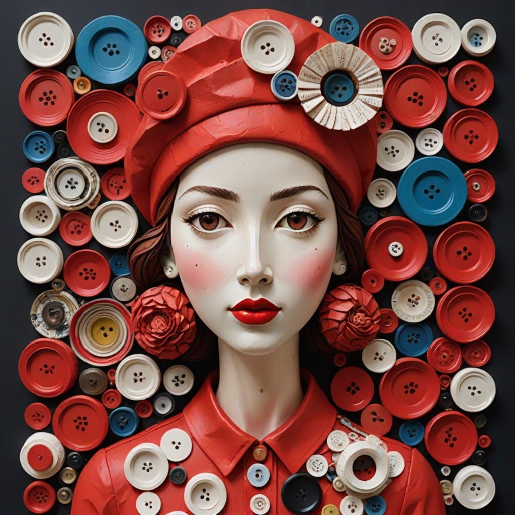 Woman in Red Beret: 3D Recycled Art