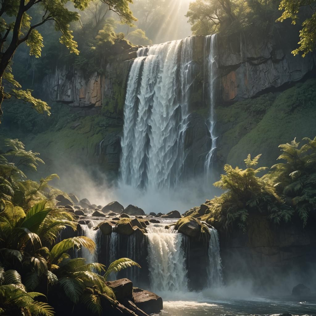 Synchronized Waterfall in Dreamlike Digital Painting