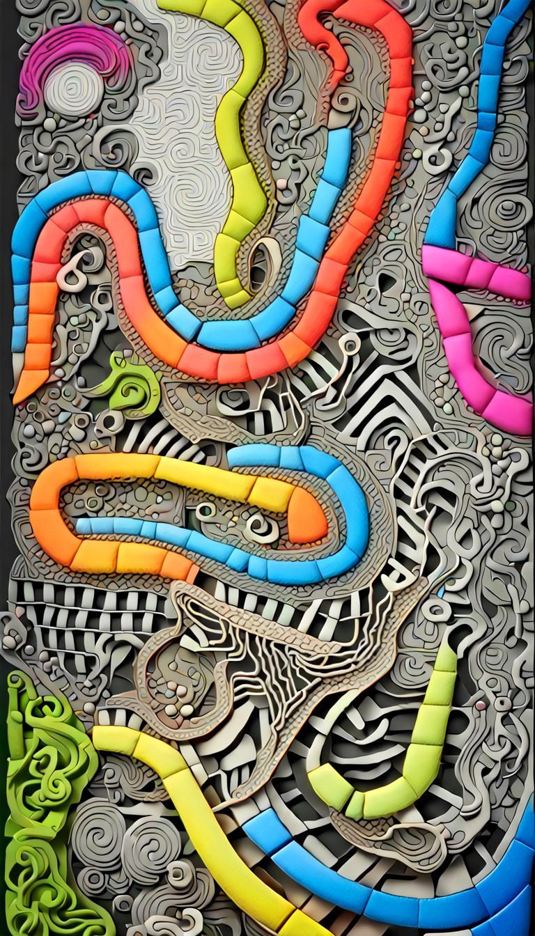 Neon Zentangle Maze: A 3D Digital Illustration