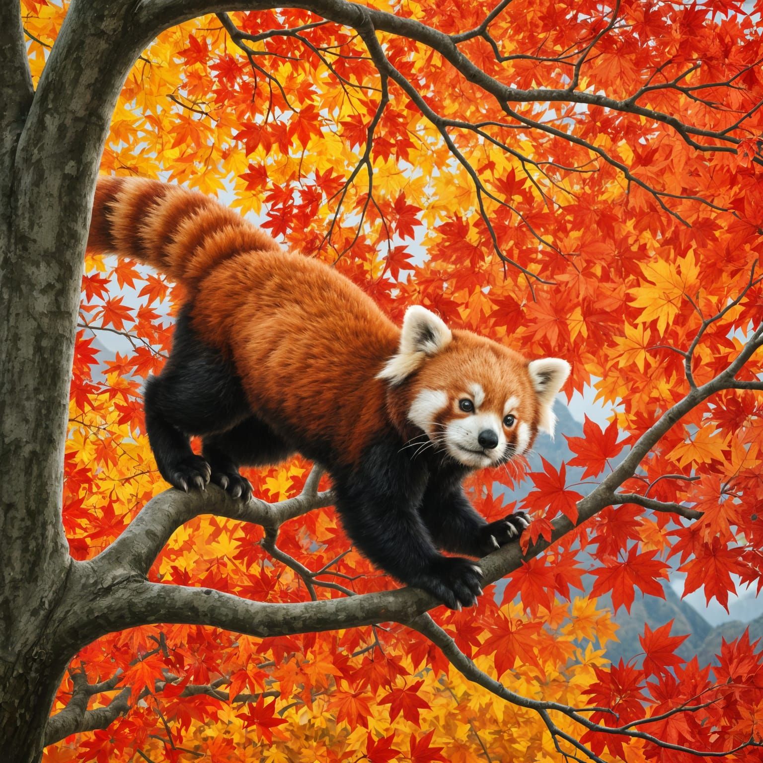 Red Panda Among Autumn Maple Leaves